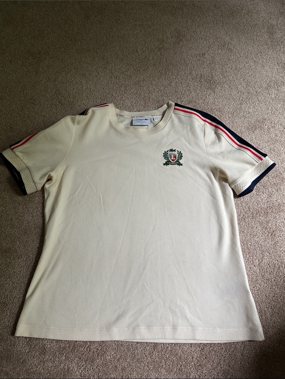 Lacoste Cream Women’s  Short-Sleeve Tee with Stripe Detail size 40 US8